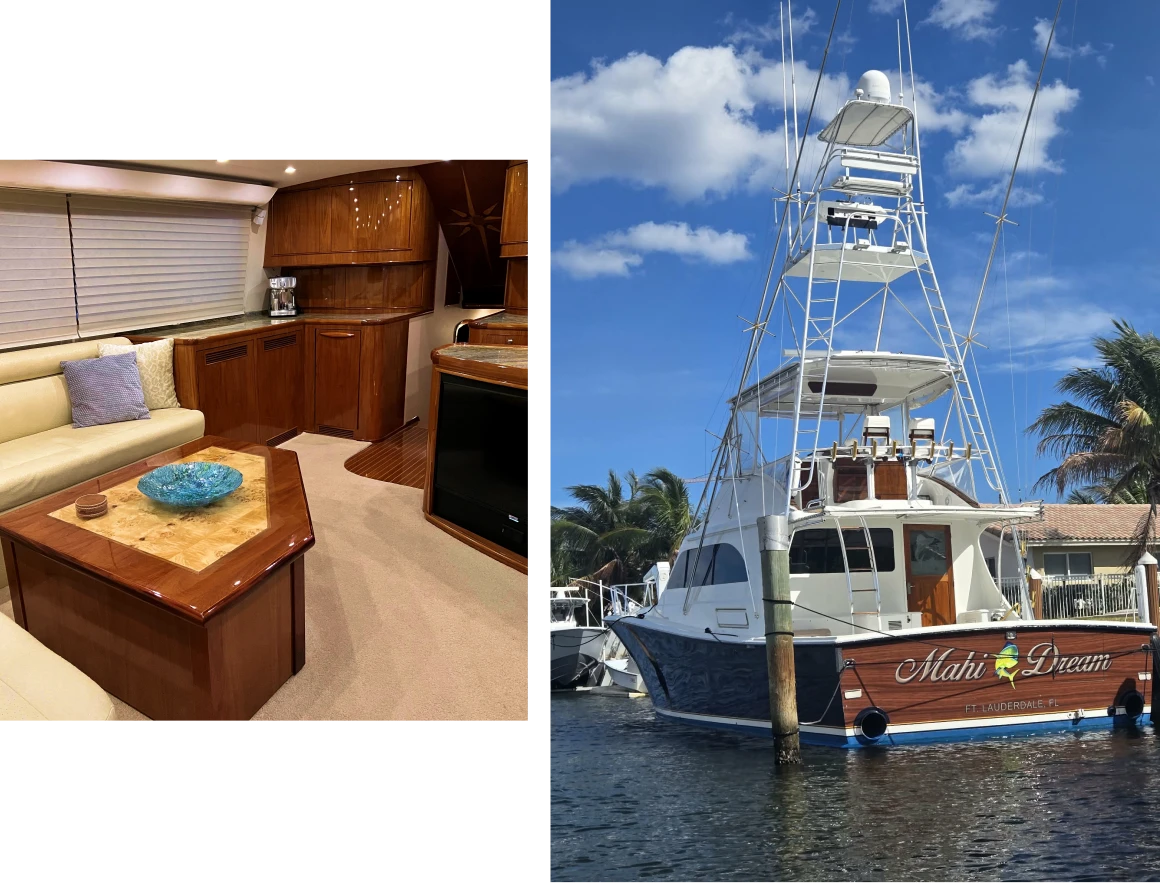 Luxury yacht interior and exterior view.